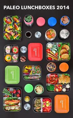 an assortment of different lunchboxes on a black background with the words paleo lunchboxes 2014