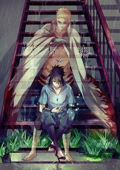 two anime characters sitting on some steps in the rain