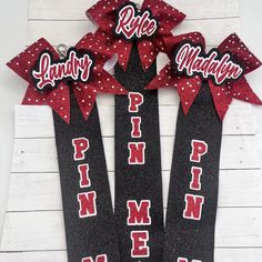 "These Pin Me bows are a great cheer team gift idea for the next competition. These are perfect to hold all of your spirit pins and are a great addition to any backpack. The bow measures 5\"x5\" and the hanging ribbon is 2.25\" wide by 12\" long.  These are great gift ideas for your favorite cheerleaders, cheer squad, or coach.  Get ready to show your spirit and support at your next competition with some of our adorable rhinestone cheer pins.   Want some cheer pins to go with your Pin Me ribbon? Pin Me Cheer Ribbon, Bling Cheer Bows, Cheer Team Gift, Cheer Ribbon, Cheer Pins, Competition Bows, Competition Cheer, Cheer Team Gifts, Cheer Competition