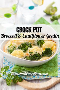 crock pot broccoli and cauliflower gratin in a white casserole dish