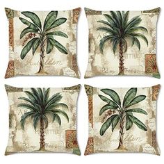 four pillows with palm trees on them in various styles and colors, each featuring an ornate design