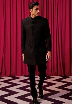 Black Textured Sherwani Set Contrast by Parth - Fabilicious Fashion Achkan For Men, Black Sherwani, Kurta And Pants, Prince Coat, Indian Groom Wear, Shadi Dresses, Black Indians, Falling Star, Dark Complexion