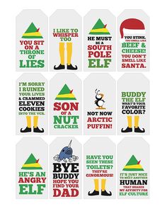 christmas gift tags with elf sayings on the front and back of each one,