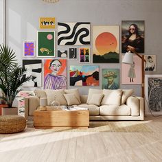 a living room filled with furniture and lots of pictures on the wall above it's couch