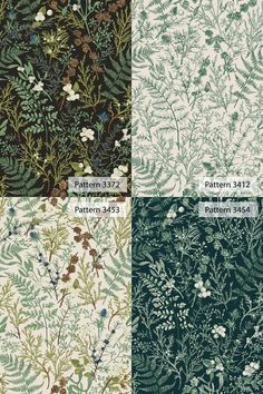 four different types of wallpapers with plants and flowers on the same color scheme