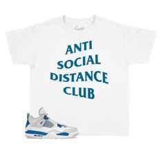 Kids sneaker tees to match your Retro 4 industrial blue shoes, also knows as the military blue retro 4. ST Clothing - Social Distance Sneaker Tee Made of 100% pre-shrunk cotton. Fits true to size. *You may refer to size chart for correct measurements.* SHOP ALL INDUSTRIAL BLUE 4 COLLECTION HERE Blue High-top Sneakers With Graphic Print, Blue Sports Sneakers With Graphic Print, Blue Graphic Print Sports Sneakers, Blue Sneakers With Graphic Print For Streetwear, Blue Graphic Print Sneakers For Streetwear, Casual Blue Sneakers With Graphic Print, Blue Casual Sneakers With Graphic Print, Retro 4s, Latest Jordans