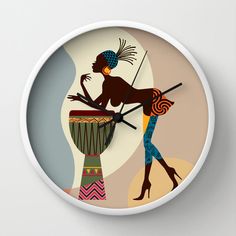 a clock with an image of a woman playing the djemo drum on it