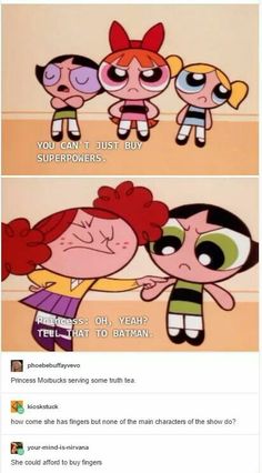 the powerpuff girls cartoon is shown in two different ways, one saying that they are