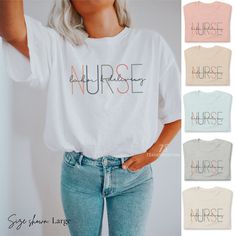 a woman wearing a white t - shirt with the words nurse on it