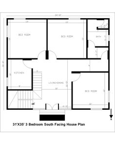 a floor plan for a three bedroom house with stairs and an attic area in the middle