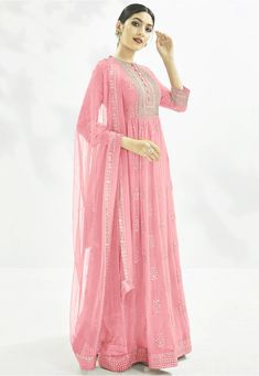 Faux Georgette Abaya Style Kameez in Light Pink This Semi-stitched Attire with Poly Shantoon Lining is Enhanced with Resham, Stone, Gota Lace and Gota Patti Work. Crafted in Round Neck and Quarter Sleeves Available with a Poly Shantoon Churidar in Light Pink and a Faux Chiffon Dupatta in Light Pink The Kameez and Bottom Lengths are 56 and 46 inches respectively Do note: Accessories shown in the image are for presentation purpose only and length may vary upto 2 inches.(Slight variation in actual Long Georgette Abaya For Eid, Traditional Pink Floor-length Abaya, Traditional Floor-length Pink Abaya, Eid Long Georgette Abaya, Eid Floor-length Palazzo Set With Chikankari Embroidery, Maxi Length Palazzo Set With Dabka Work For Eid, Traditional Abaya With Chikankari Embroidery For Eid, Traditional Chikankari Embroidery Abaya For Eid, Long Palazzo Set With Dabka Work For Eid