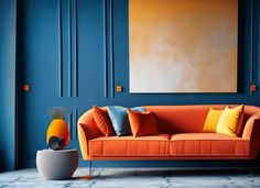 a living room with blue walls and an orange couch in the center, surrounded by colorful pillows