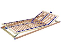 a wooden bed frame with blue tape on the top and bottom rails, attached to a white background