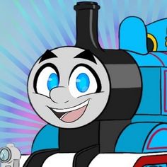 a cartoon train with blue eyes and smiling face