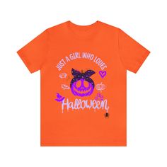 Get ready to look amazing on Halloween in our soft style unisex short sleeve t-shirt with a unique print! This design will be an eye-catcher this season and you will be the center of attention at this Halloween party. We've printed our design on a premium cotton unisex t-shirt in a smooth style that puts a new spin on casual comfort. Made from ultra-soft materials, this shirt is 100% Airlume combed and ring-spun cotton. These tops have ribbed knit collars to enhance the shape. The shoulders have Trendy Halloween Short Sleeve T-shirt, Cute Halloween Graphic Print T-shirt, Cute Orange Halloween T-shirt, Cute Halloween T-shirt With Short Sleeves, Cute Halloween T-shirt For Streetwear, Fete Halloween, Unisex Shorts, Cotton Lights, Soft Style