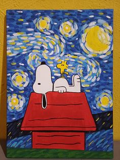 a painting of a snoopy dog sitting on top of a roof with the starr night in the background