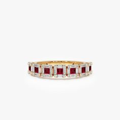 Made to Order Gold Kt: 14K (also available in 18K) Available Gold Color: Rose Gold, Yellow Gold, White Gold Width: 3.8 MM Height: 2.25 MM Baguette Diamond: 28 Pc 2 x 1 MM Round Diamond: 28 Pcs 0.90 MM Square Ruby: 7 Pc 2 x 2 MM Diamond Carat Weight: 0.35 ctw Ruby Carat Weight: 0.45 ctw Diamond Color-Clarity: G Color VS/SI Clarity Red Baguette Cut Diamond Ring, Elegant Ruby Ring With Baguette Diamonds In Yellow Gold, Elegant Yellow Gold Ruby Ring With Baguette Diamonds, Anniversary Ruby Ring With Baguette Diamonds, Anniversary Ruby Rings With Baguette Diamonds, Gold Ruby Ring With Baguette Diamonds For Anniversary, Ruby Rings With Baguette Diamonds For Anniversary, Formal Ruby Ring With Baguette Diamonds, Red Baguette Diamond Rings For Anniversaries