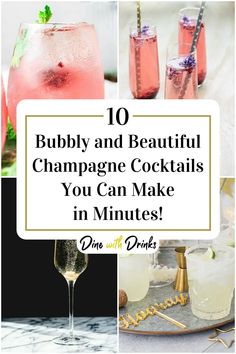 Collage of 4 easy champagne cocktails. Champagne Wedding Drinks, Champagne Cocktails Wedding, Champagne Specialty Drink, Fun Champagne Cocktails, Champagne Party Drinks, Champagne Signature Drinks, Champagne Problems Cocktail, What To Mix With Champagne, Bubbly Drinks Recipes