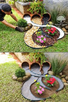 a man is placing flowers in the garden on top of some rocks and gravels