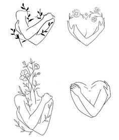 four drawings of hands holding flowers and hearts