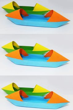 three different views of an origami boat with orange, green, and blue colors