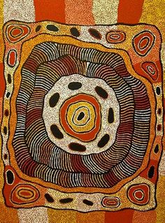 an orange and black painting with swirls on the center, surrounded by smaller circles