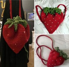 crocheted strawberries are shown in three different pictures, one is red and the other is green