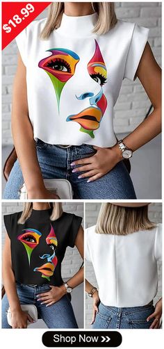 On trend for the season Extra 10% off code: ONE10 Free gift offer Sleeveless Multicolor Graphic Print T-shirt, Multicolor Sleeveless Graphic Print T-shirt, Multicolor Sleeveless T-shirt, Casual Fashion Print Stretch Tops, Casual Multicolor Fashion Print Tops, Unique Faces, Face Print, Moda Vintage, Trendy Tee