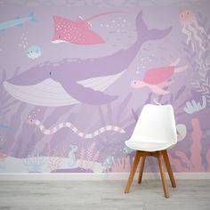 Pink Submerged Fantasia Wallpaper with white chair in front of the wallpaper Under Sea Mural, Underwater Mural Painting, Ocean Mural Painting, Ocean Mural Bedroom, Under The Sea Mural, Pink Underwater, Mermaid Mural, Wall Mural Kids Room, Sea Murals