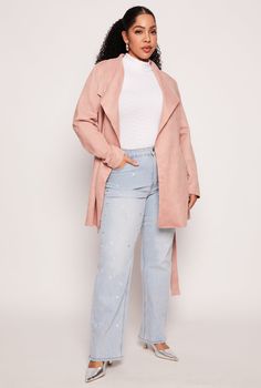 Haute Monde, Long Sleeves, Collar, Wrap Coat, Tie Waist Belt, Solid, Faux Suede, Item Number 3932069390383 Wrap Coat, Waist Belt, Item Number, Faux Suede, Blush, Long Sleeves, Plus Size, Collar, Long Sleeve