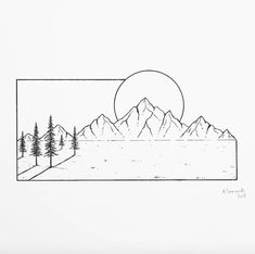 a black and white drawing of mountains with trees