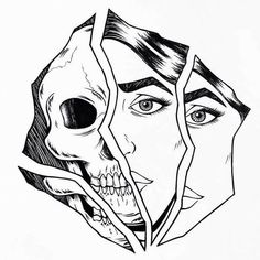 a black and white drawing of a woman's face with a skeleton behind her