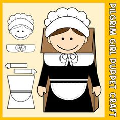 the paper doll is wearing a black and white outfit with her apron, hat, and toilet