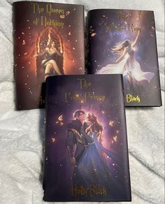 three harry potter book covers on a bed