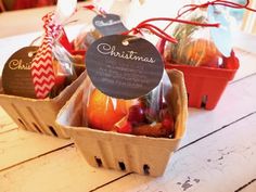 three baskets filled with fruit sitting on top of a table