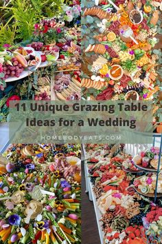 a table filled with lots of different types of food and flowers on top of it