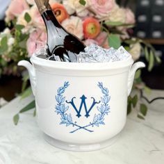 Monogrammed Porcelain Champagne Bucket - CeCe's Home & Gifts Champaign Gift Basket, Boat Owner Gift Basket, Champagne Theme Gift Basket, Champagne Themed Gift Baskets, Holiday Hostess Gifts, Champagne Bucket, Champagne Buckets, Holiday Kitchen, Linen Throw Pillow