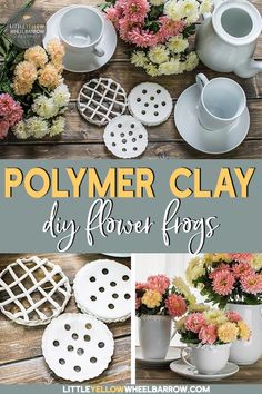 polymer clay diy flower pots with flowers in them and text overlay that says polymer clay