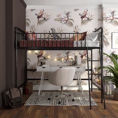 a loft bed with a desk underneath it and wallpaper on the walls behind it