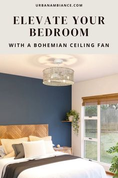 a bedroom with blue walls and white bedding is featured in the article, elevate your bedroom with a bohemian ceiling fan