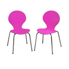 two pink chairs sitting next to each other on top of a white surface with metal legs