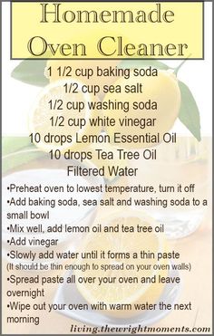 a recipe for homemade oven cleaner with lemons and water on the table in front of it