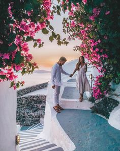 a man and woman are holding hands on the steps leading up to some pink flowers