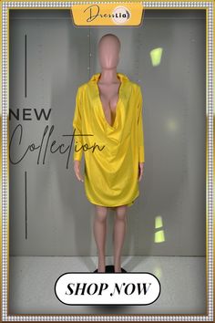 Solid Deep V-neck Long Sleeve Party Club Dress Long Sleeve V-neck Dress For Summer Party, Spring Party V-neck Mini Dress, Yellow V-neck Midi Dress For Evening, Yellow V-neck Dress For Party, Yellow V-neck Party Dress, Yellow V-neck Midi Dress For Party, Spring Party Sleeveless V-neck Dress, Yellow Knee-length Mini Dress For Party, Yellow V-neck Dress For Night Out