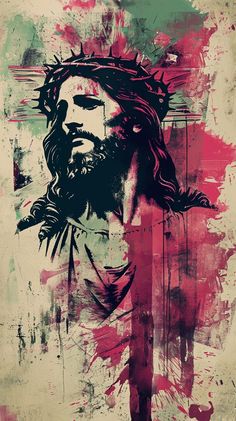 the face of jesus painted in red, green and black ink on white paper with paint splatters