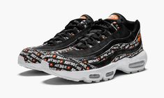 The Air Max 95 “Just Do It” shouts the brand’s signature catchphrase loud and clear on this special edition sneaker.  Offered in black, the Nike Air Max 95 is designed with an all-over “Just Do It” graphic that dominates most of the layers throughout the upper.  Orange and white appear in the branding to the Air Max logo on the tongue.  The Air Max 95 “Just Do It” sneaker was released as one of a three-shoe pack which enables Nike fans to profess their love for the Swoosh. Air Max 90 Premium, Orange Camo, Stadium Goods, Air Max Plus, Nike Air Max 95, Air Max 95, Air Max 1, Converse High Top Sneaker, Hoka Running Shoes