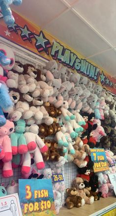 there are many stuffed animals on display in the store