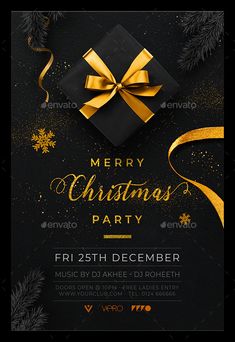 merry christmas party flyer with gold ribbon and gift box on black background - holidays events