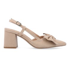 The Tailynn heel from Journee Collection exudes a timeless elegance with its pointed-toe design and a 2 1/2-inch block heel, offering both sophistication and comfort. The buckle detail adds a stylish touch while ensuring a secure fit, making these heels a versatile choice for various occasions. Crafted from fabric material and featuring a padded footbed, the Tailynn heel combines luxurious texture with practical comfort for a chic and elevated look. Knit or Canvas Material upper, Sling Back / An Shoe Carnival, Chinese Laundry, Journee Collection, Slingback Pump, Toe Designs, Pump Shoes, Tan Brown, Women's Pumps, Fabric Material