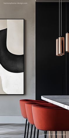 a modern dining room with black walls and red chairs in front of the bar area